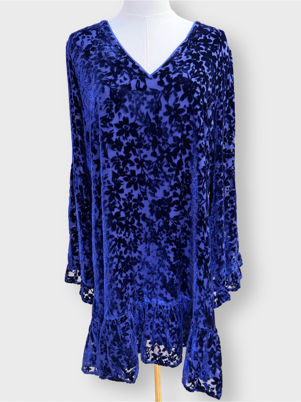 Hale Bob Blue Velvet Burnout Floral V-Neck Bell Sleeve Shift Dress
